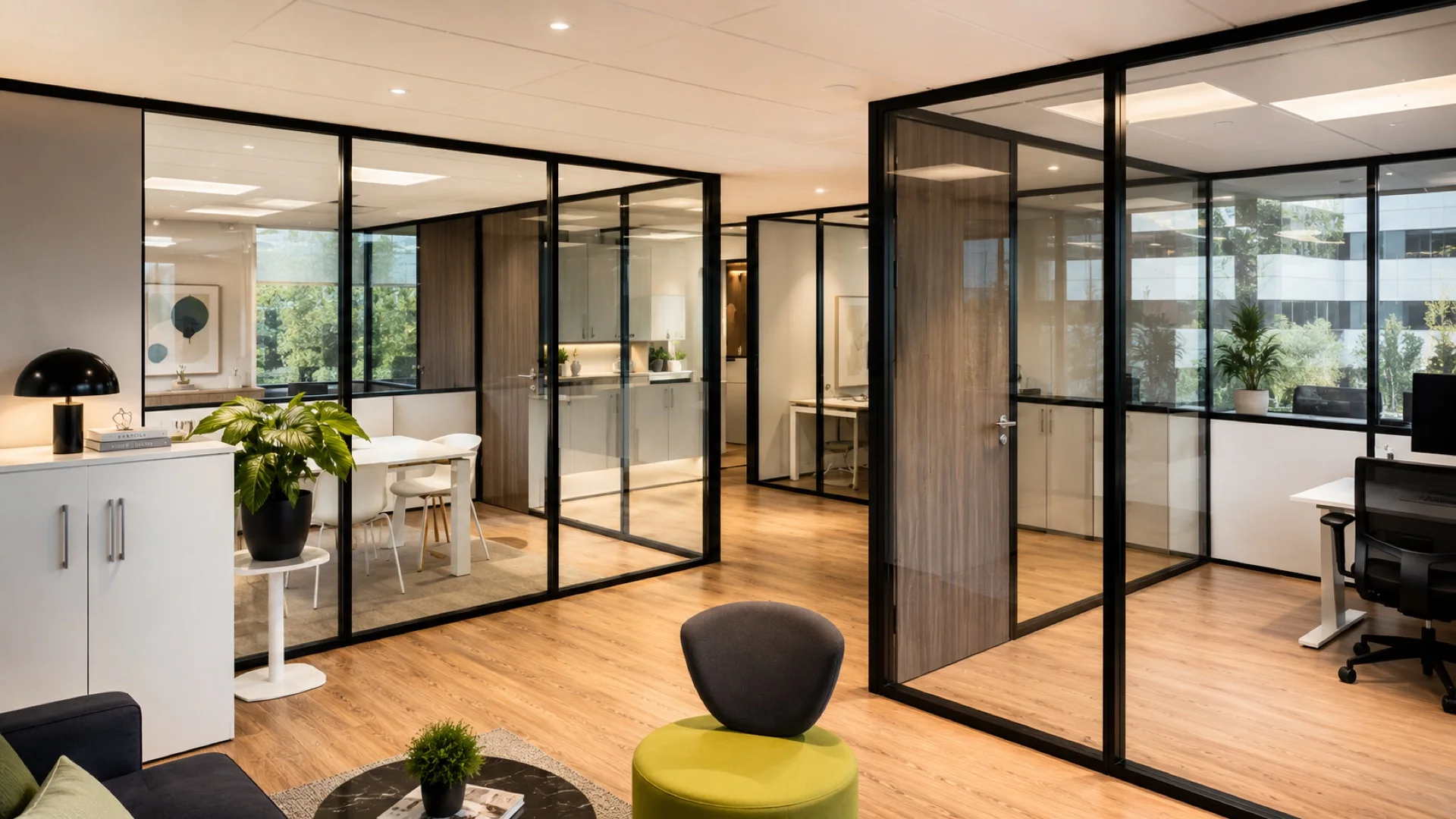 Plateau de bureaux aménagé par ECM : cloisons vitrées à ossature noire, salle de réunion et espace détente