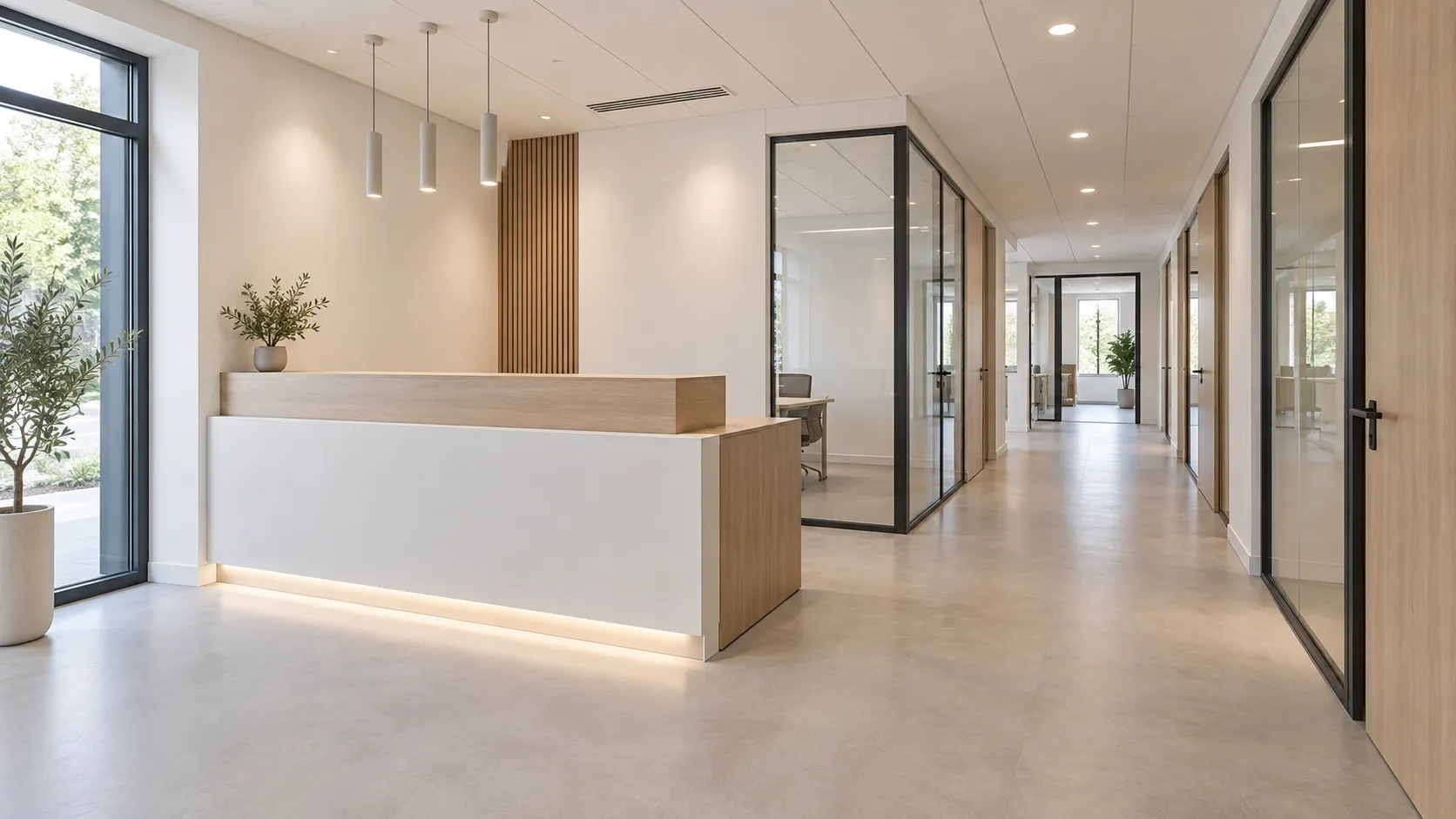 Banque d’accueil en bois clair et couloir de circulation bordé de cloisons vitrées