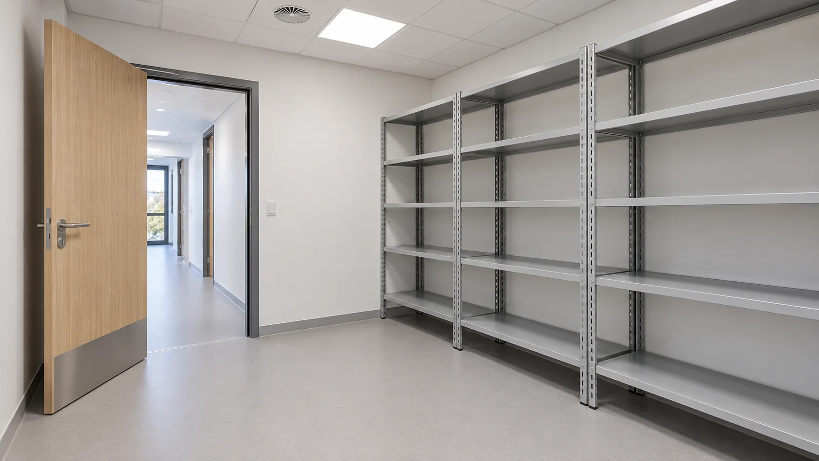Réserve livrée avec rayonnages métalliques vides et sol souple gris clair