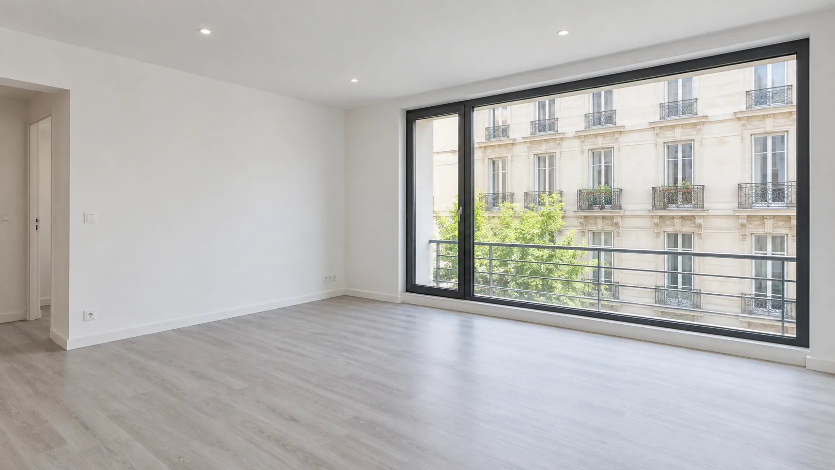Séjour d’appartement rénové et vide, ouvert sur une grande baie vitrée
