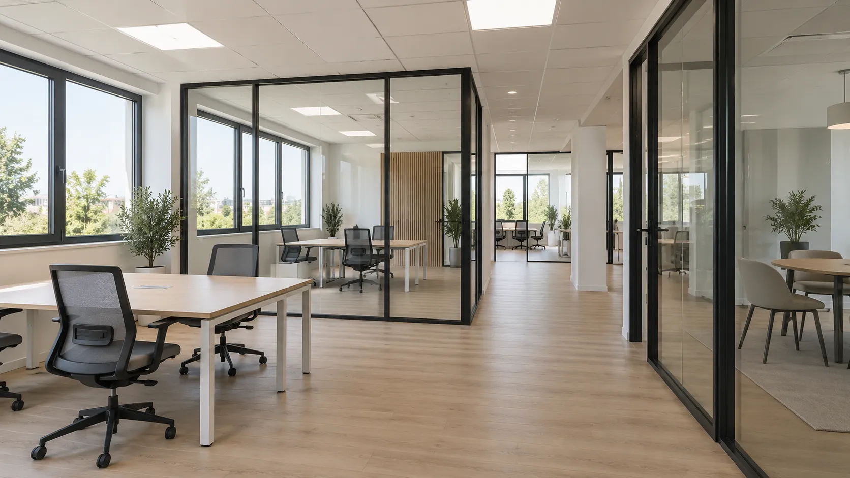 Plateau de bureaux en open space cloisonné par des parois vitrées à ossature noire