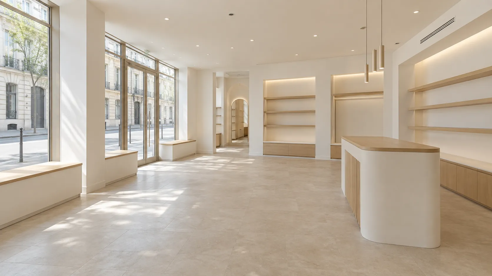 Boutique claire à étagères bois et comptoir arrondi, ouverte sur la vitrine