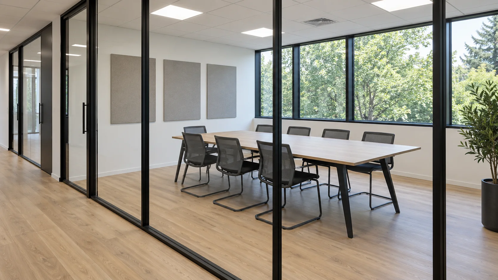 Salle de réunion vitrée avec table rectangulaire en chêne et panneaux acoustiques muraux