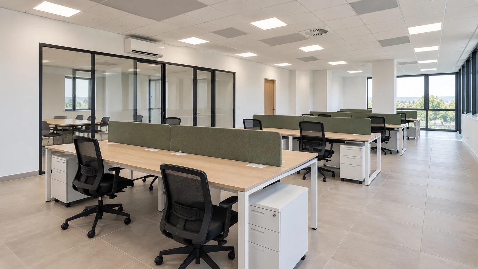 Open space aménagé avec bureaux bench en bois clair, séparateurs acoustiques verts et salle de réunion vitrée, ECM à Vienne, Bourgoin-Jallieu et Lyon
