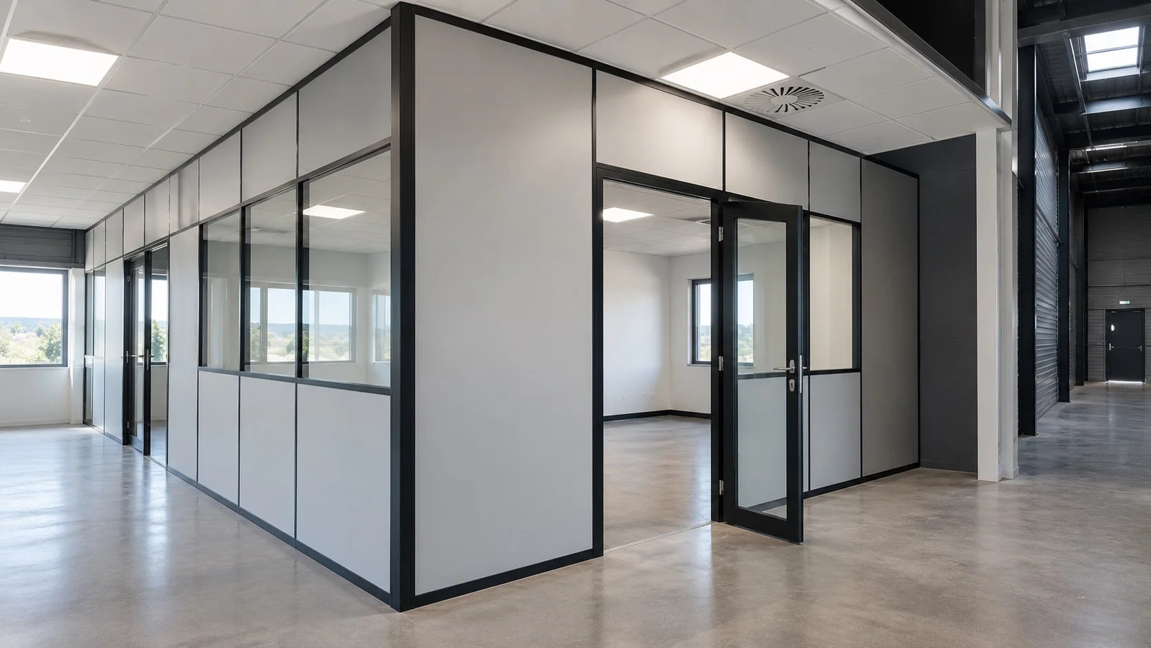 Bloc de bureaux cloisonné construit dans un local d'activité, cloisons à châssis noirs et sol béton lissé, ECM à Vienne, Bourgoin-Jallieu et Lyon