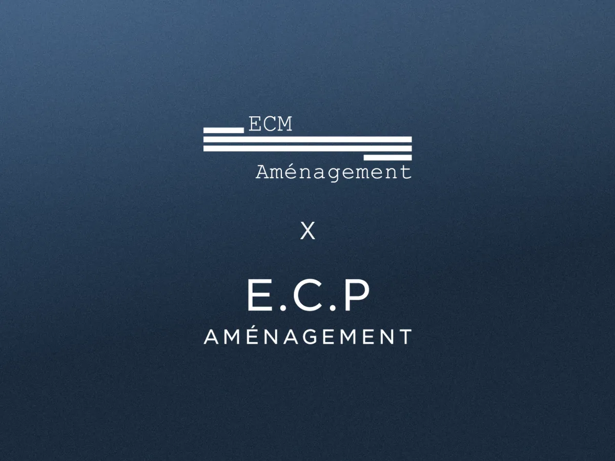 Les logos ECM Aménagement et ECP Aménagement superposés, séparés par un x, les deux entreprises du groupe