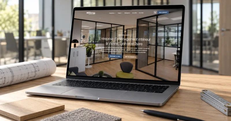Le nouveau site d'ECM Aménagement affiché sur un ordinateur portable