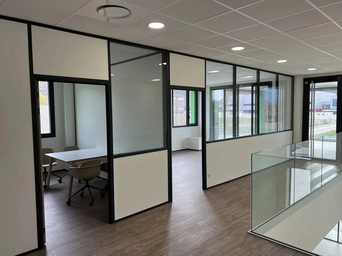 Pose de cloisons vitrées pour un open space à Vienne, vue depuis la circulation