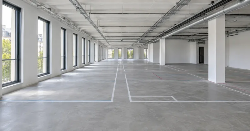 Plateau de bureaux nu avec tracé de zonage au sol avant cloisonnement