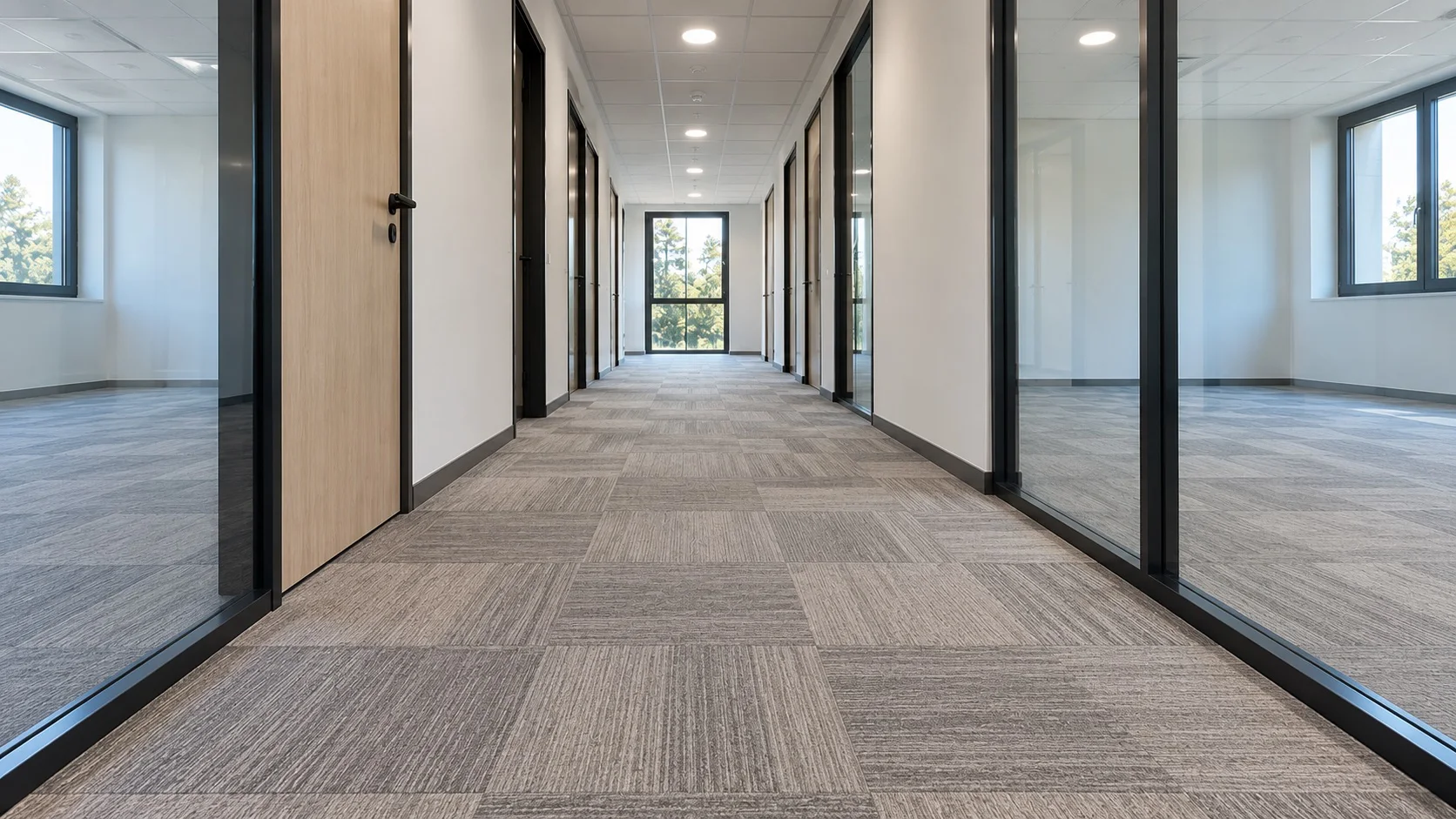Couloir de bureaux revêtu de dalles de moquette grise posées en damier, entre des cloisons vitrées, ECM à Vienne, Bourgoin-Jallieu et Lyon