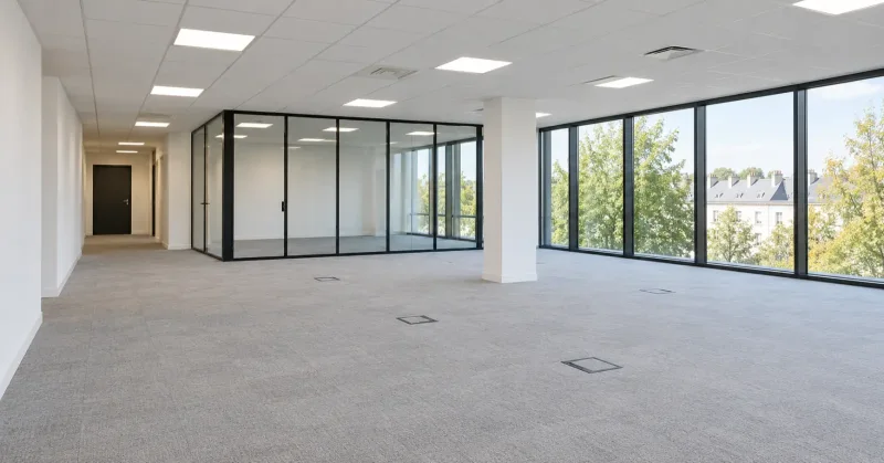 Plateau de bureaux livré, moquette neuve et boîtiers de sol posés