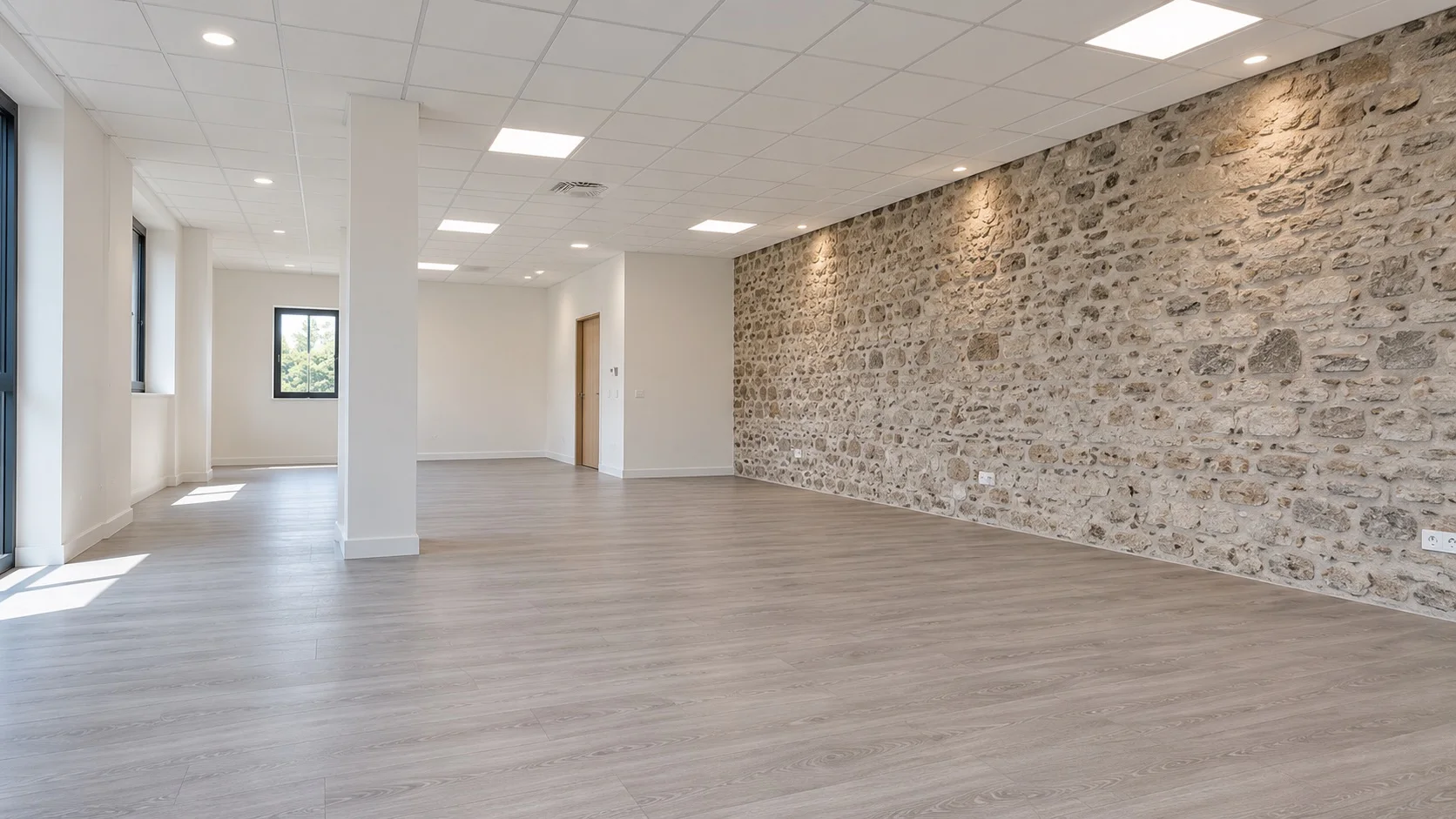 Plateau de bureaux rénové, mur en pierre apparente éclairé par des spots, faux plafond blanc et sol stratifié, ECM à Vienne, Bourgoin-Jallieu et Lyon