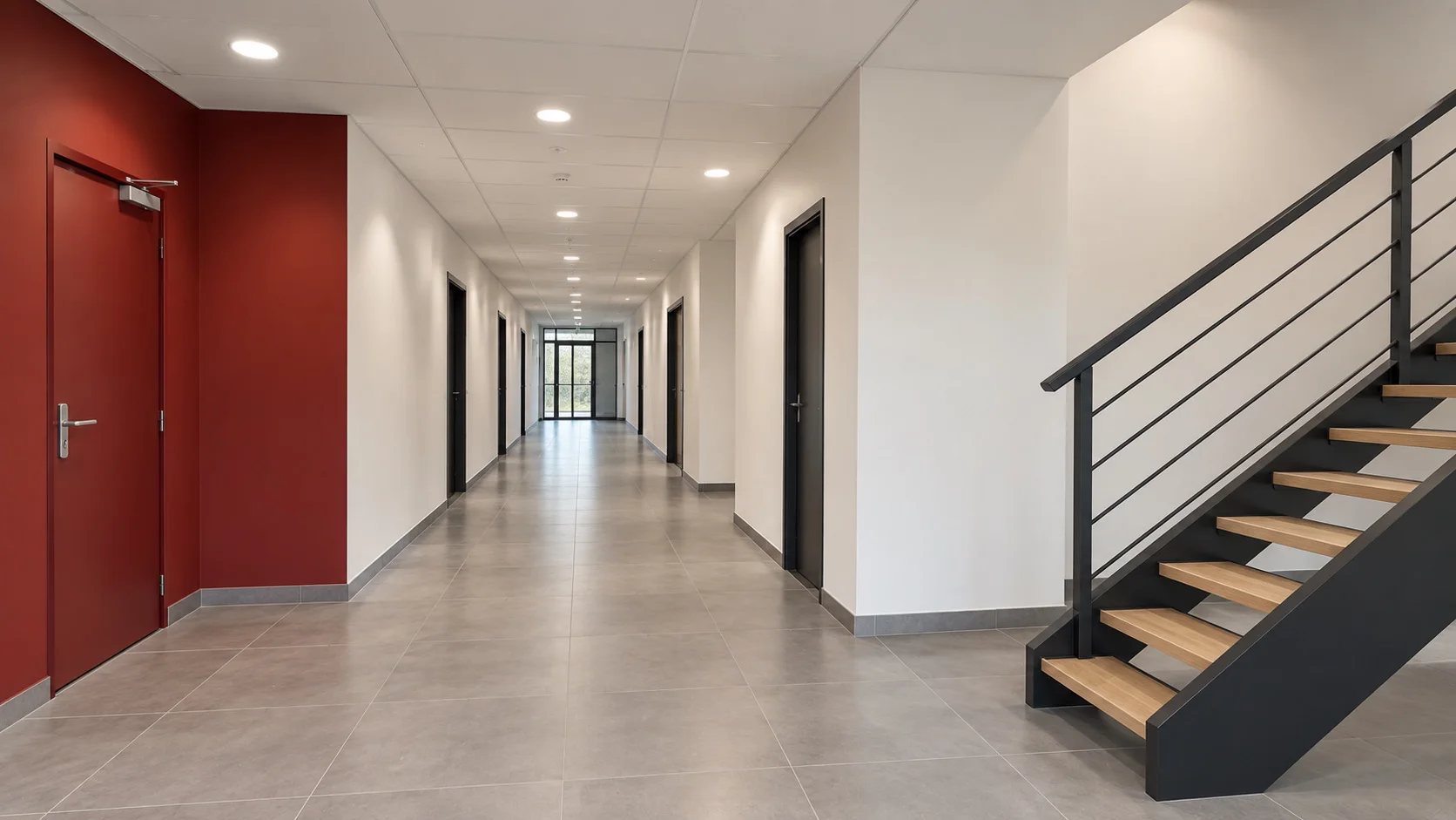 Hall d'immeuble tertiaire repeint, mur rouge, murs blancs et escalier à marches bois et limon métallique noir, ECM à Vienne, Bourgoin-Jallieu et Lyon