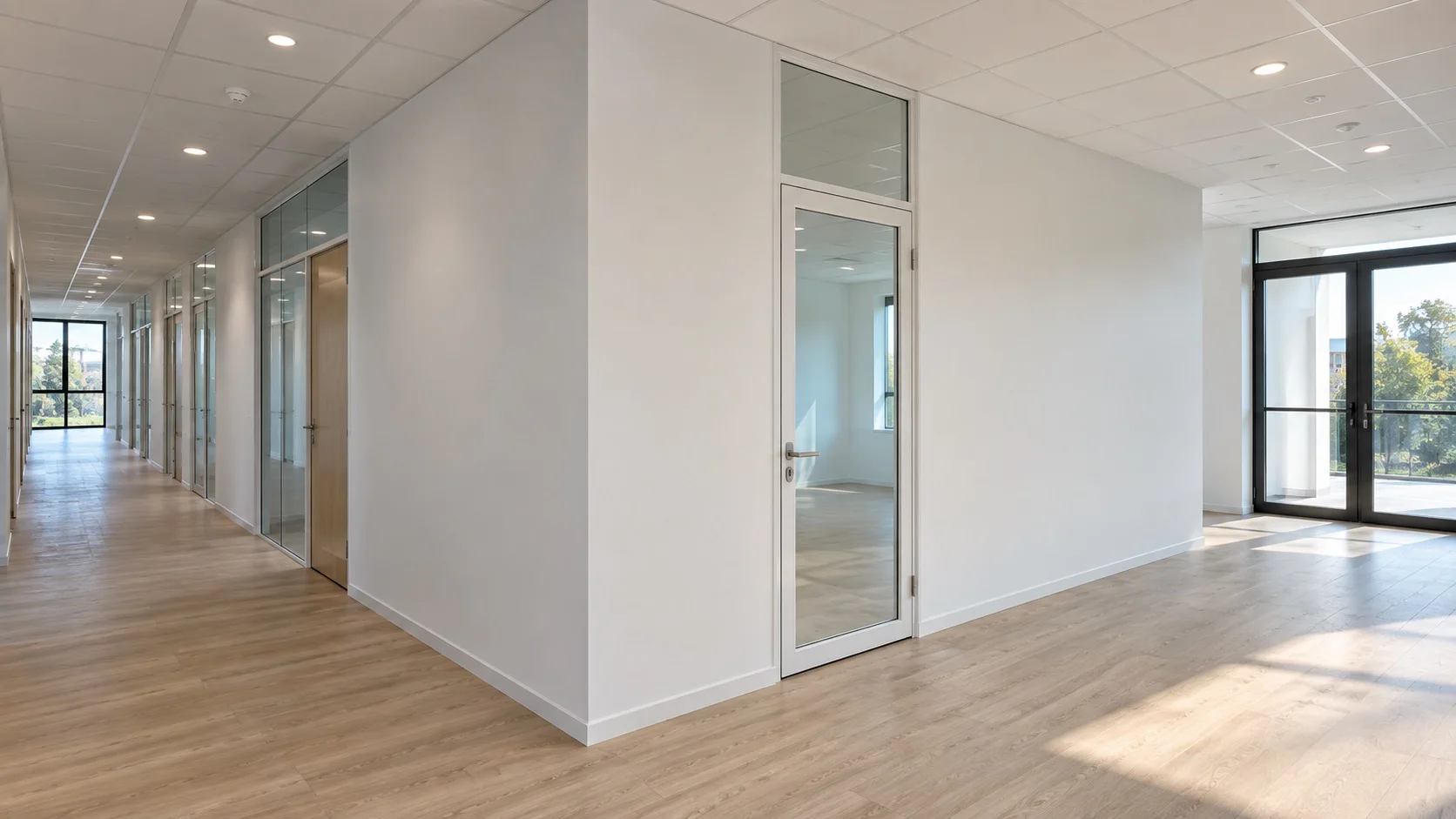 Angle de cloisons blanches finies dans un plateau de bureaux, avec porte vitrée et sol stratifié clair, ECM à Vienne, Bourgoin-Jallieu et Lyon